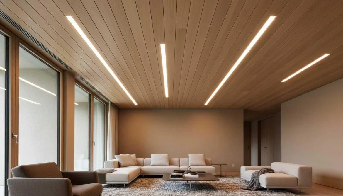 لاین نوری توکار در ترکیب با سقف چوبی